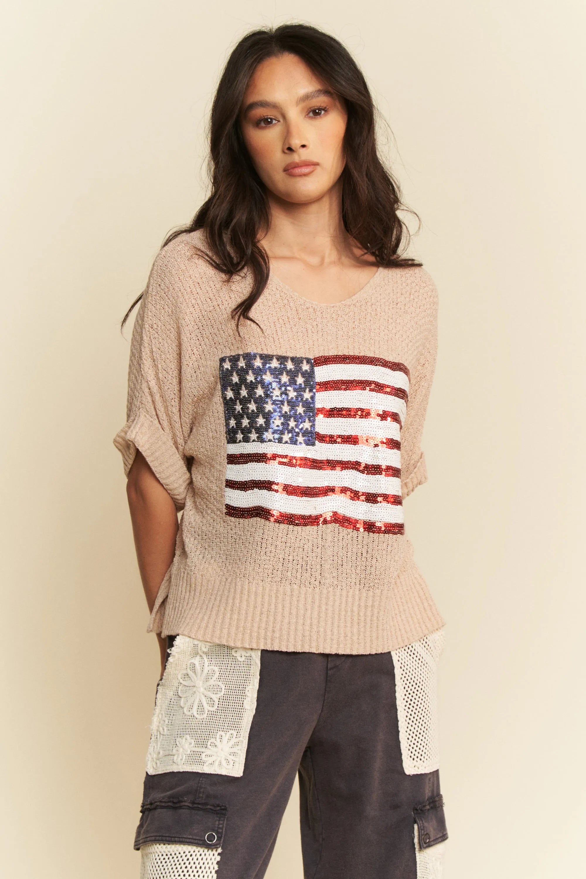 Davi & Dani Sequin American Flag Patch Short Sleeve Knit Top TAUPE - Fashorio