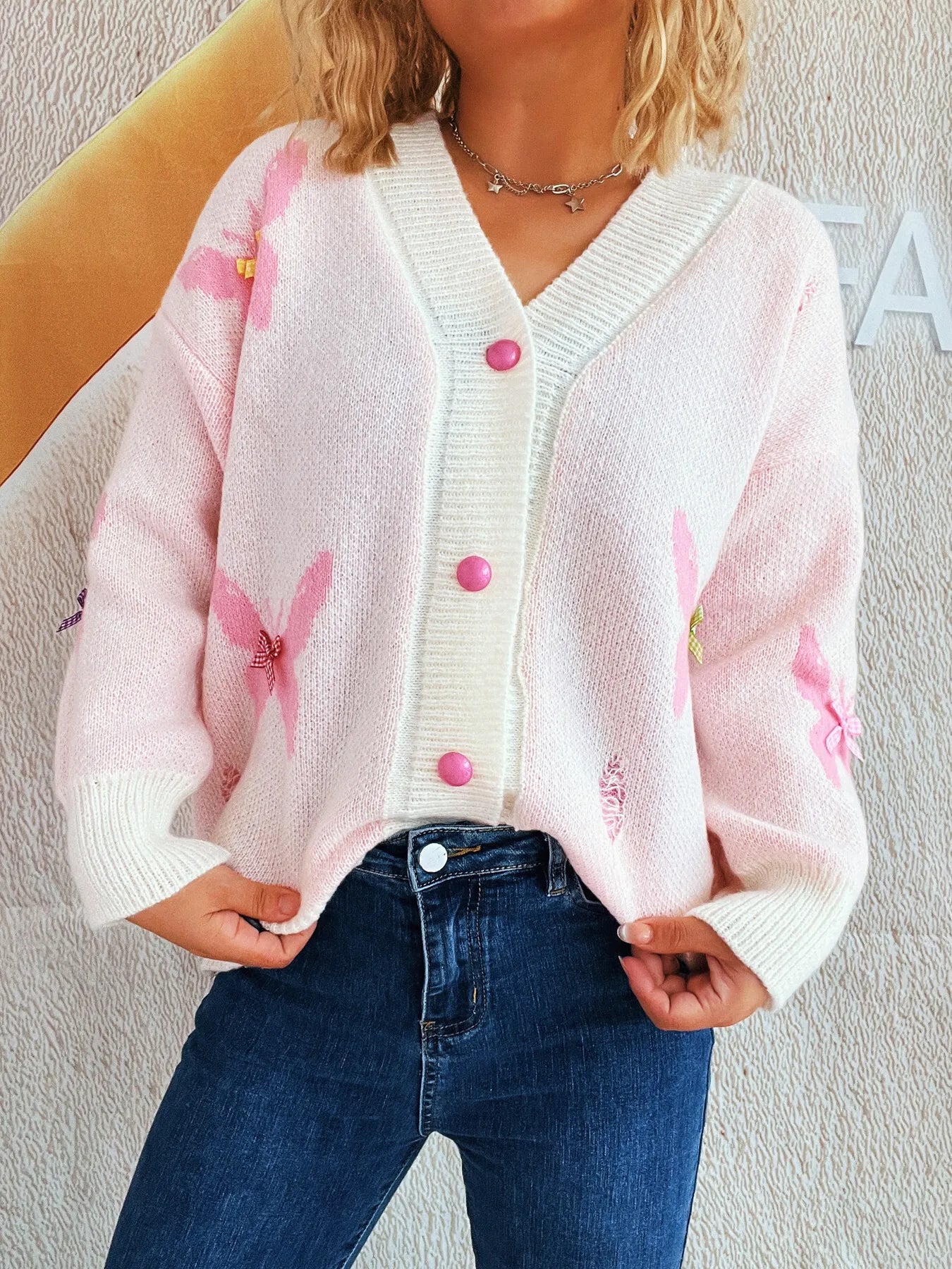 Butterfly Button Up Long Sleeve Cardigan Pink One Size - Fashorio
