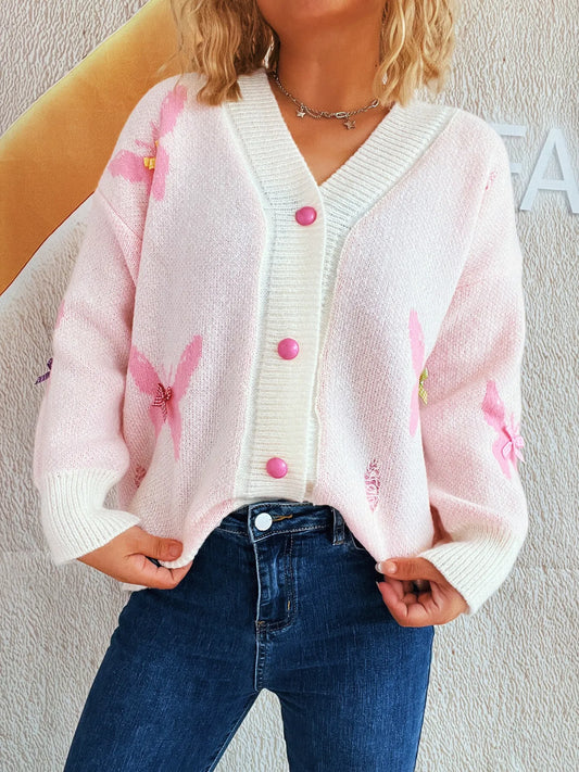 Butterfly Button Up Long Sleeve Cardigan Pink One Size - Fashorio