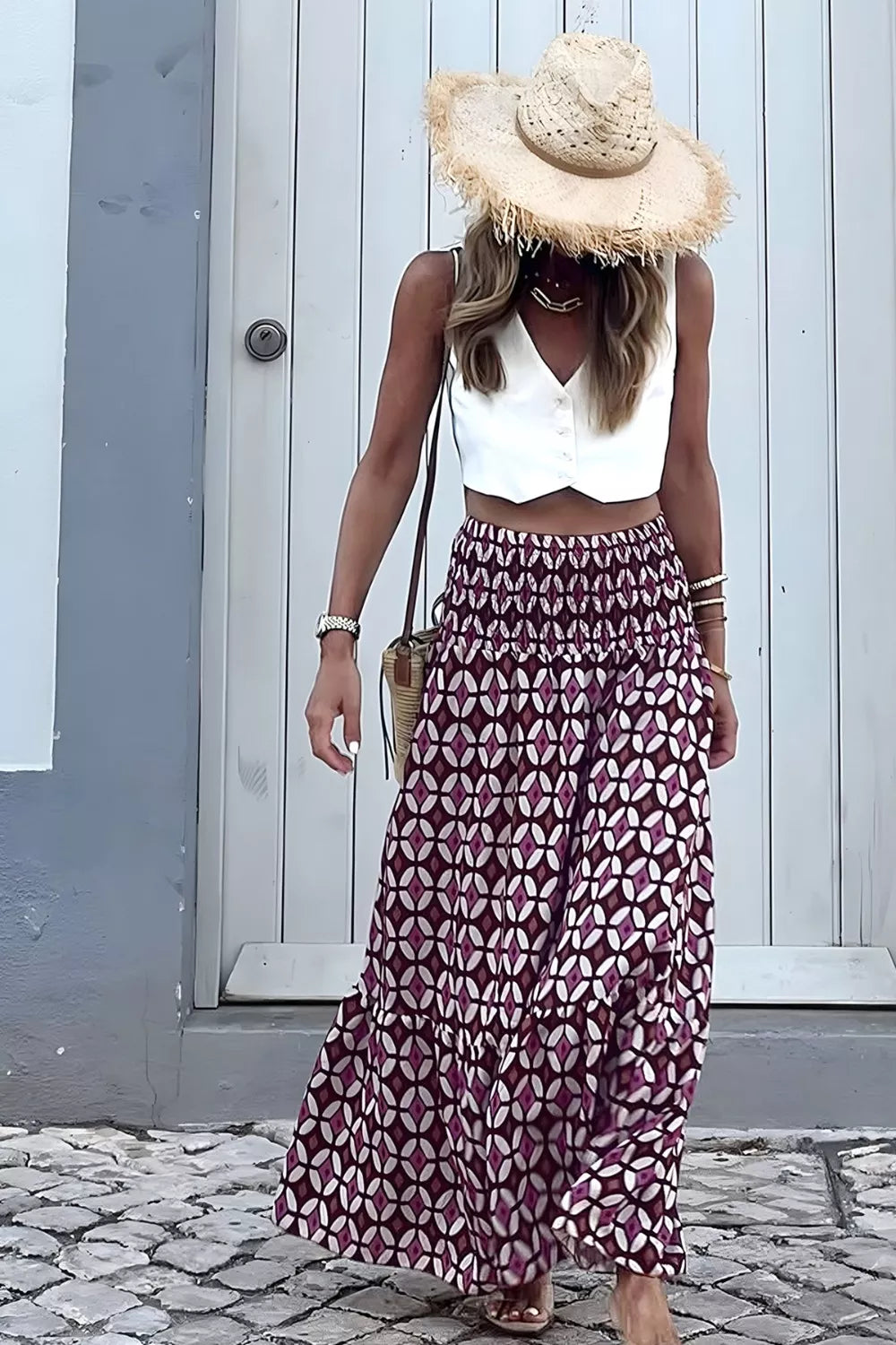 Mauve geometric print maxi skirt back view