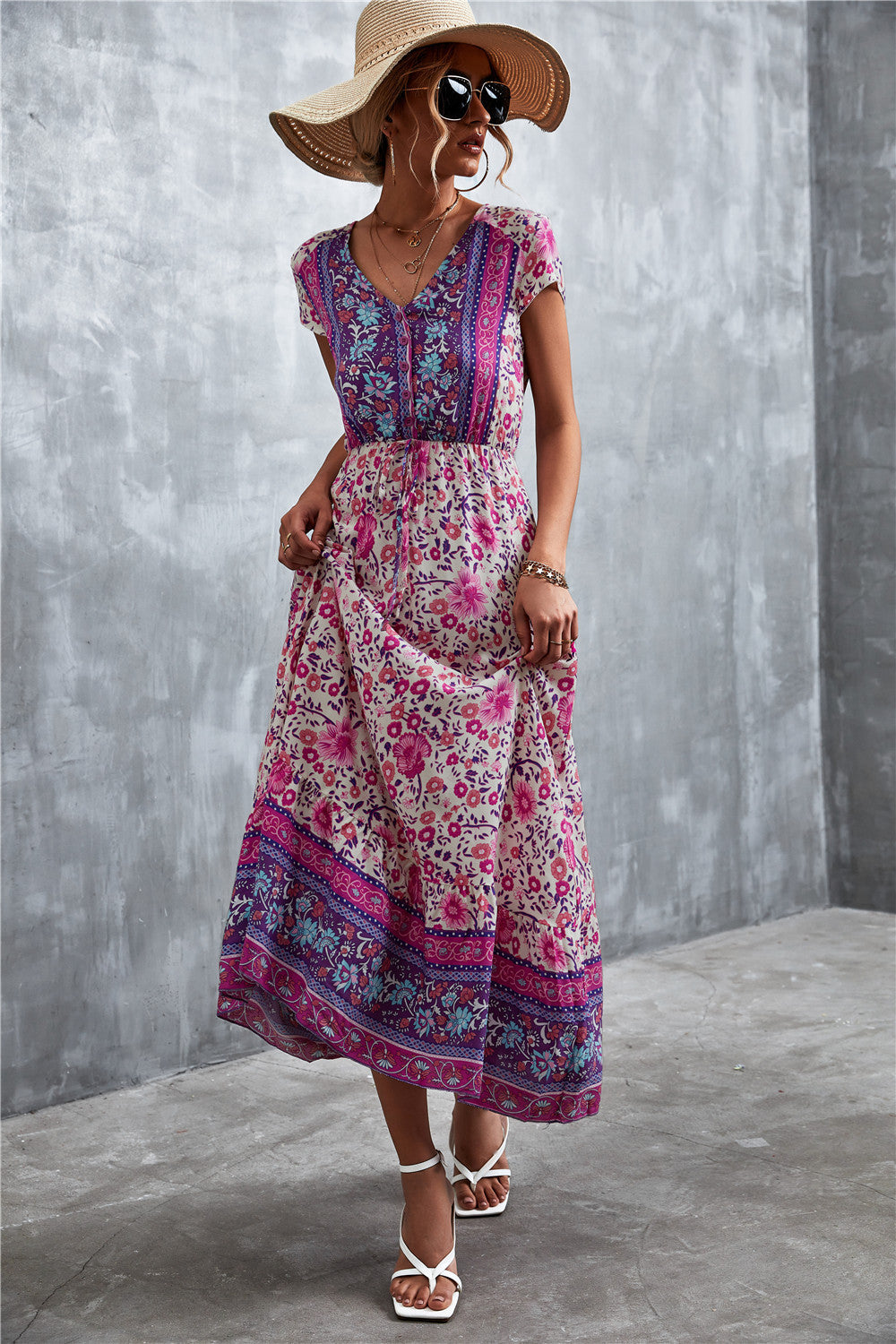V-Neck Short Sleeve Printed Maxi Dress - Fashorio