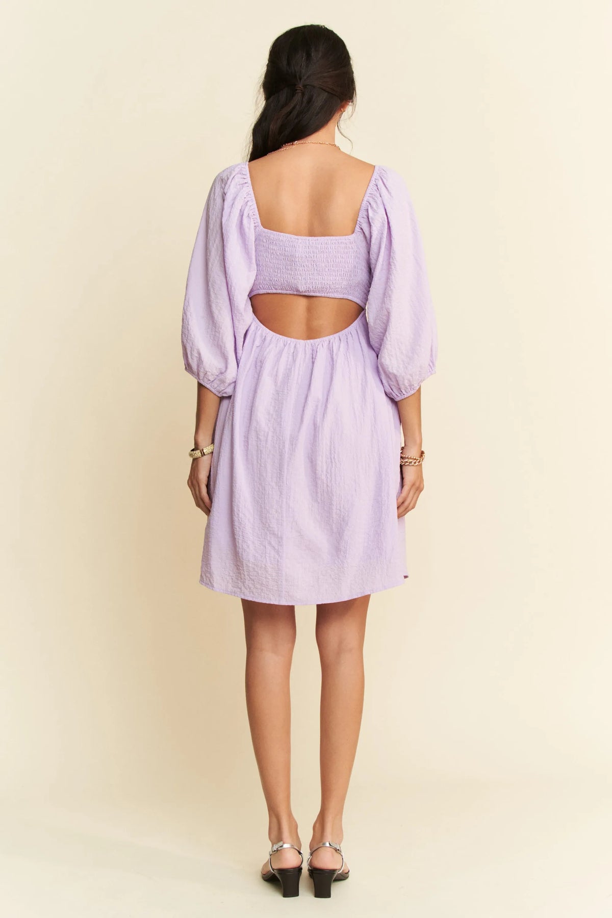 Self Tie Puff Sleeve Smocking Open Back Mini Dress close up