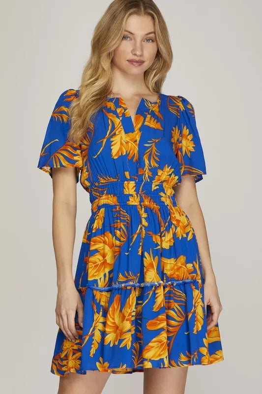 Printed Notched Short Sleeve Frill Tiered Dress