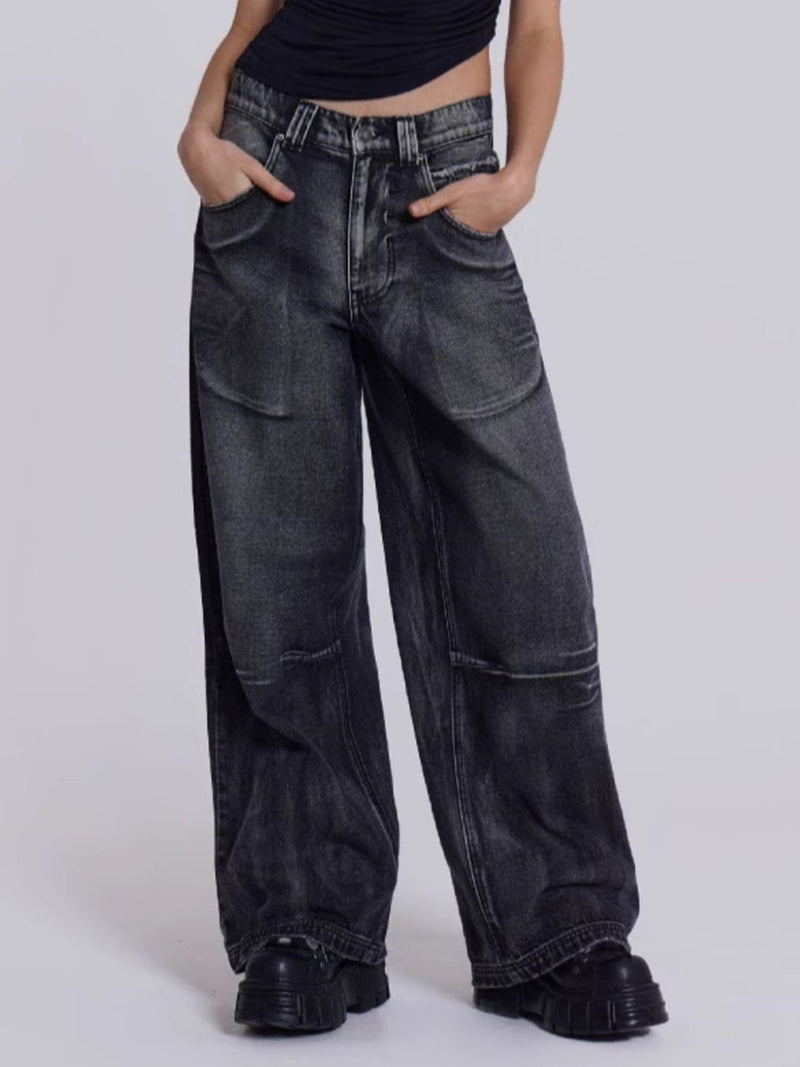 Vintage wash studded wide leg jeans front view
