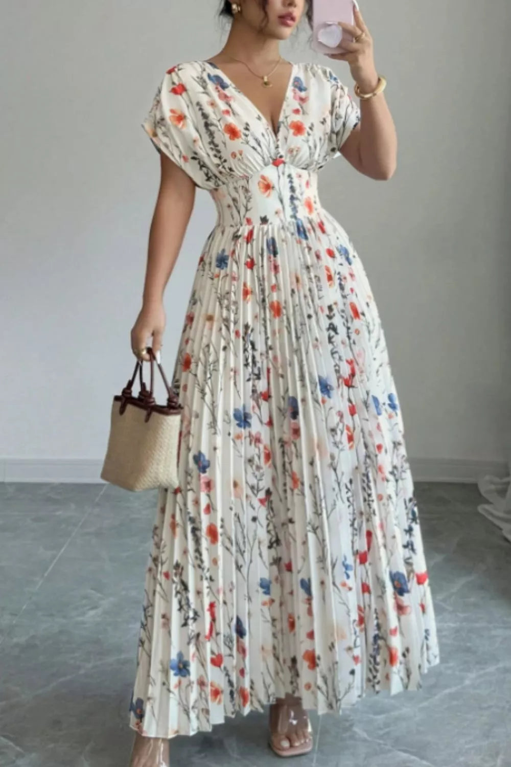 White floral pleated maxi dress front view