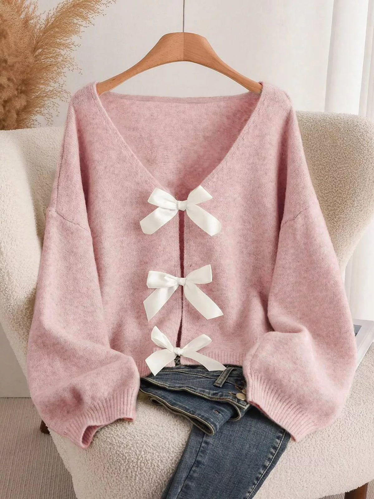 Bow Knot Front V Neck Knit Cardigan, view 7