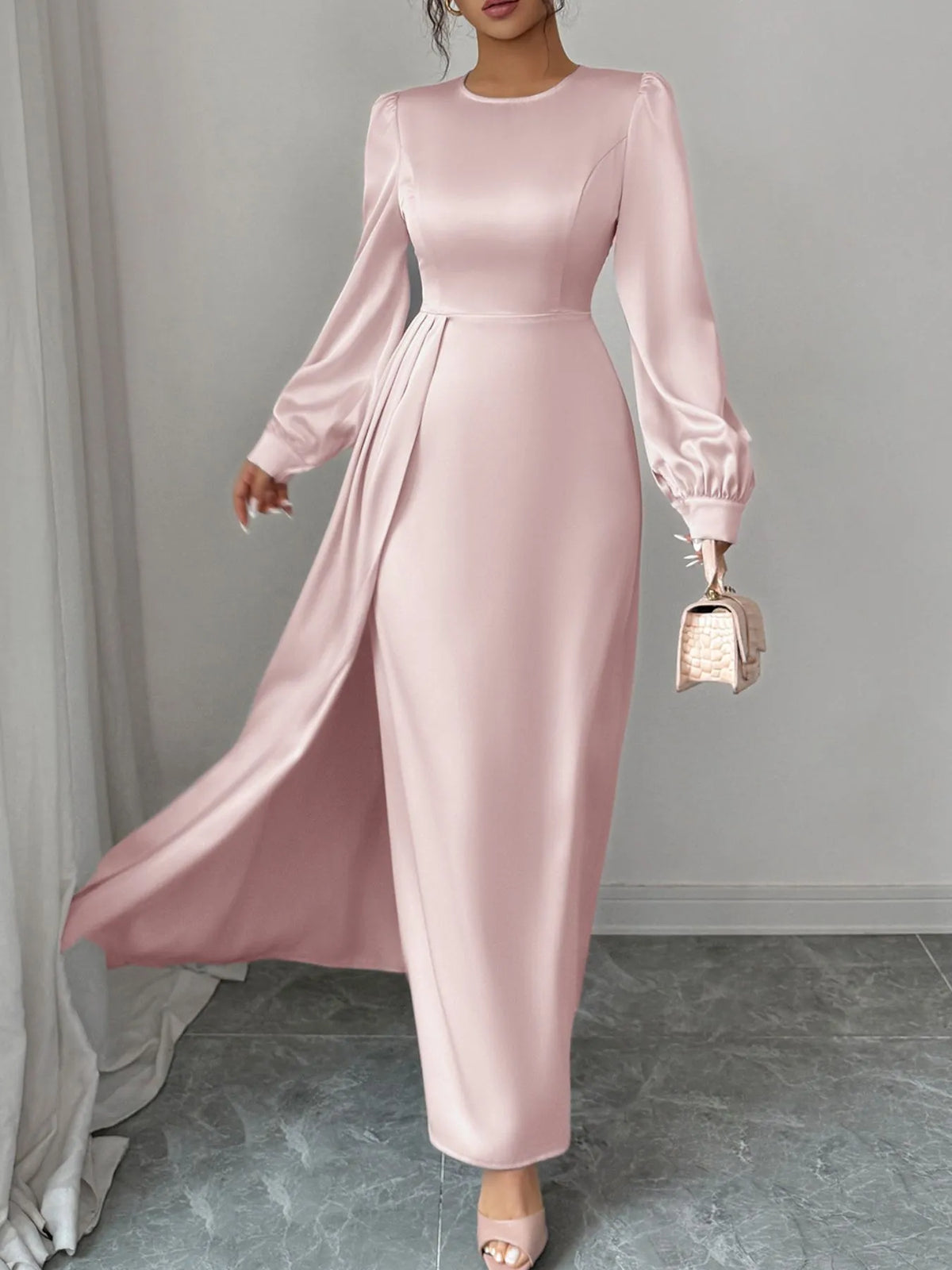 satin long sleeve maxi dress front view