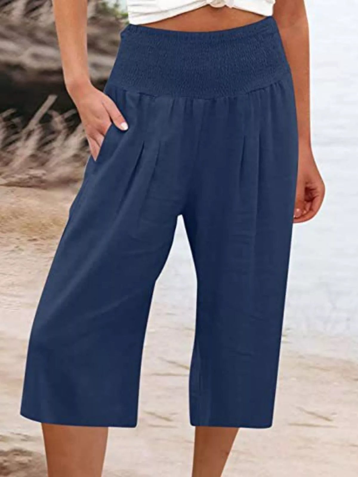 Smocked capri pants shown in a red colorway