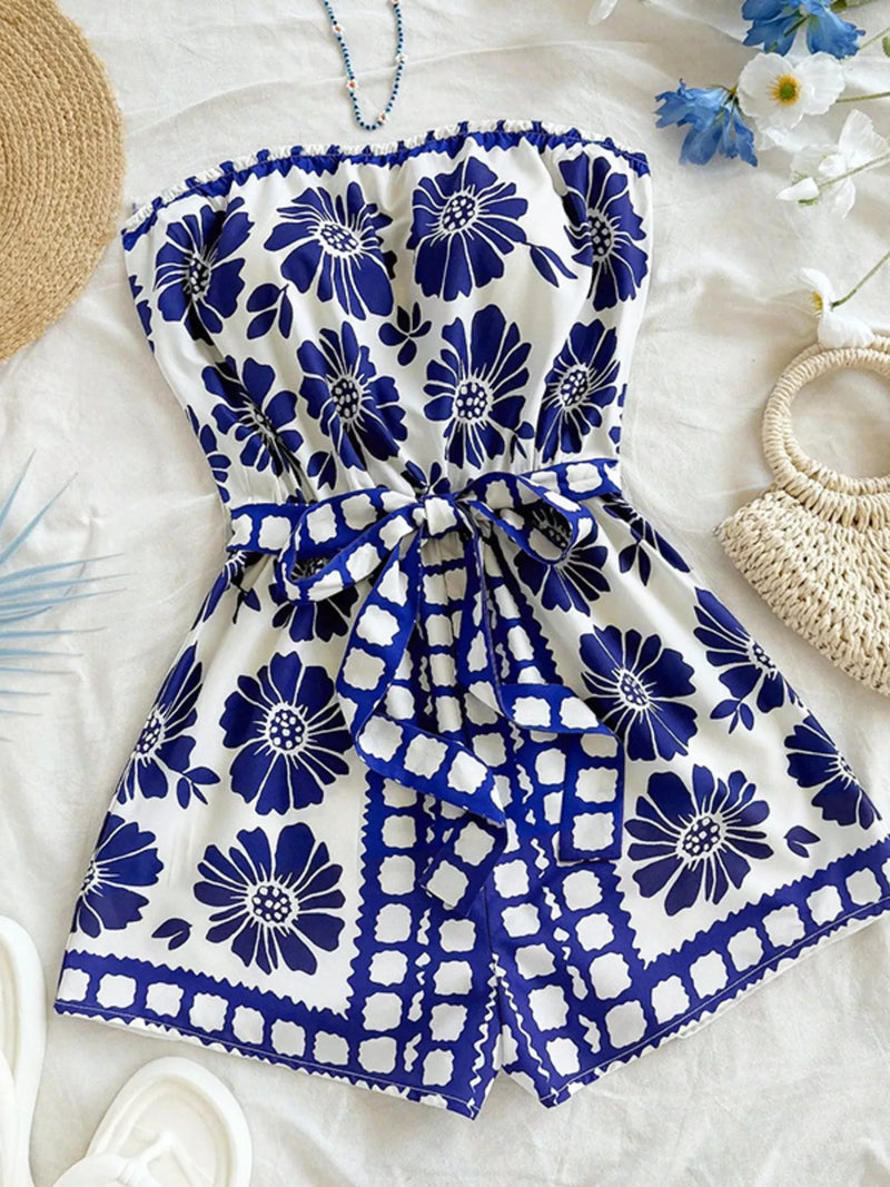 Blue strapless tie waist romper front view