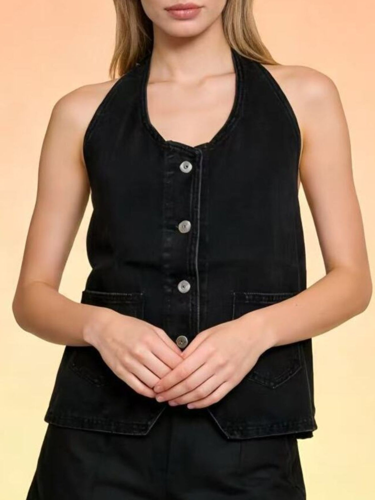 Halter Neck Button Down Denim Vest in Dark Blue view 13