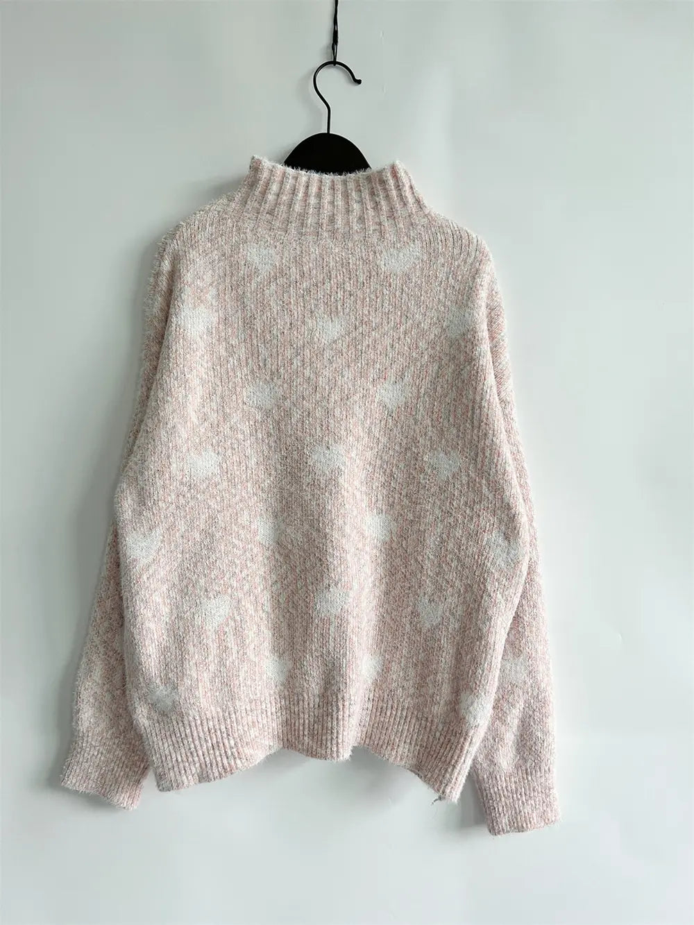 Heart Heathered Turtleneck Drop Shoulder Sweater - Fashorio