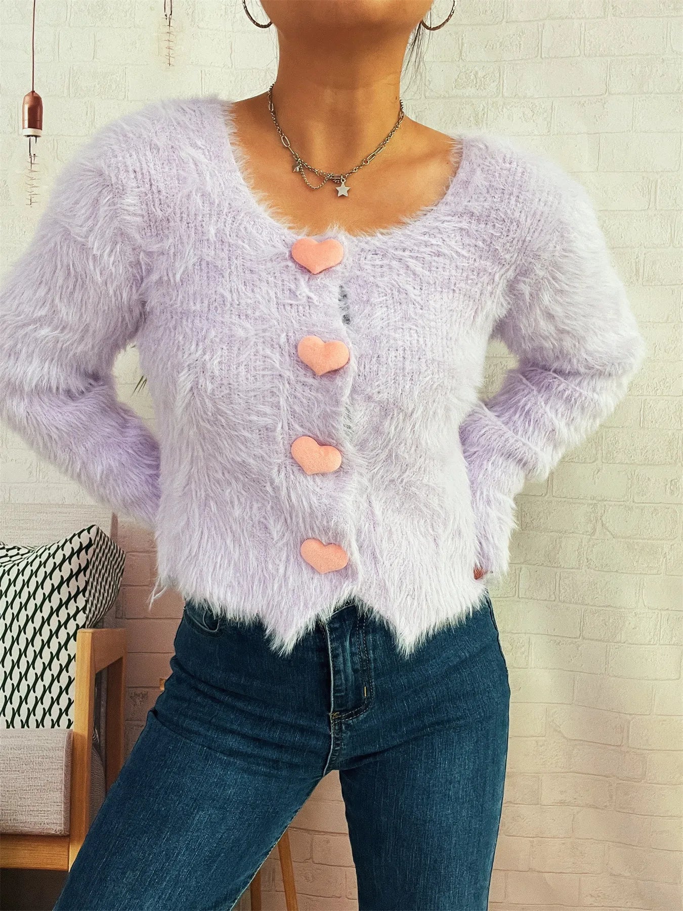 Fuzzy Heart Shape Button-Up Cardigan - Fashorio