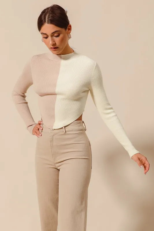 Color Block Fitted Cropped Sweater Top in Taupe and Ivory detail