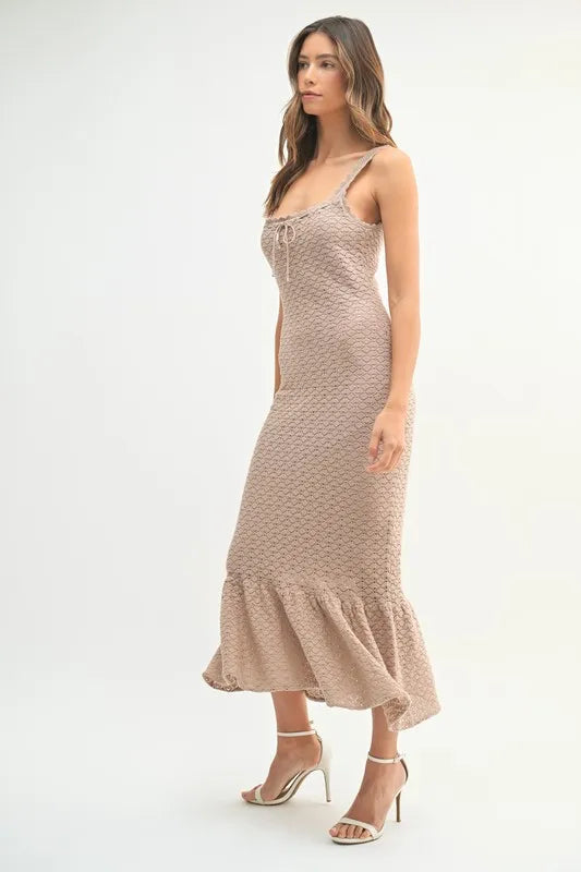 MABLE Ruffled Hem Sleeveless Crochet Knit Midi Dress - Fashorio
