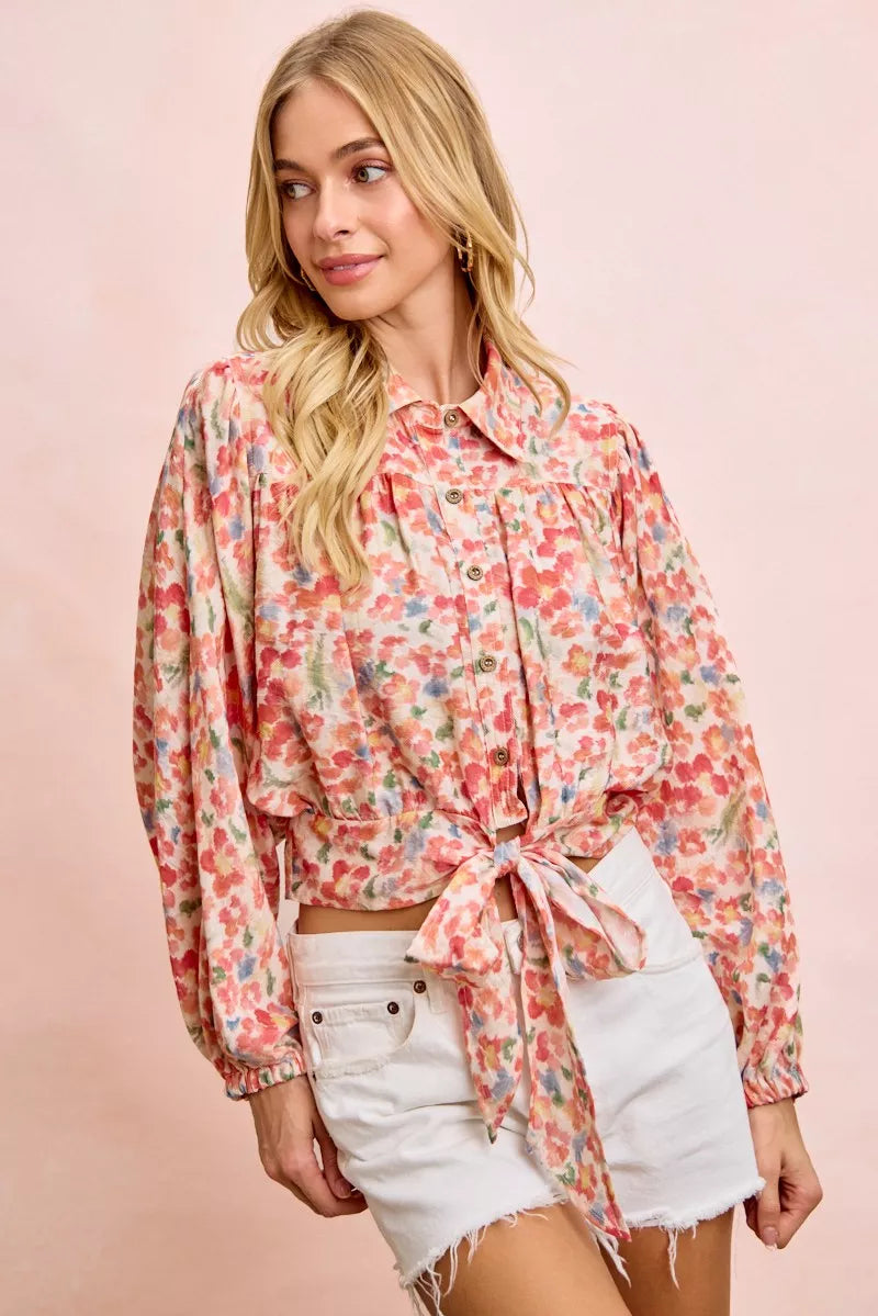 Floral print crop shirt tie hem detail view