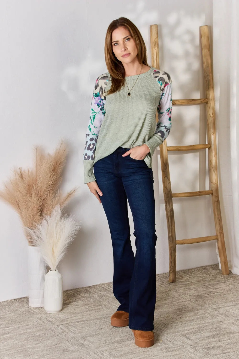 Hailey & Co Full Size Printed Round Neck Blouse - Fashorio