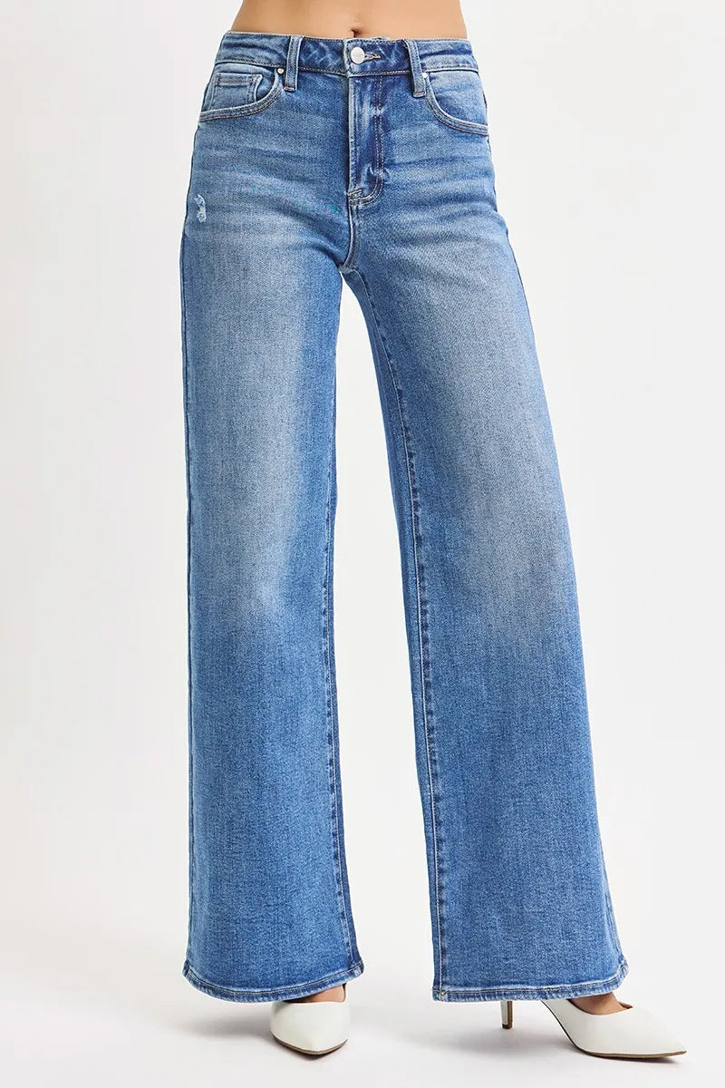 RISEN high rise wide leg jeans waist detail