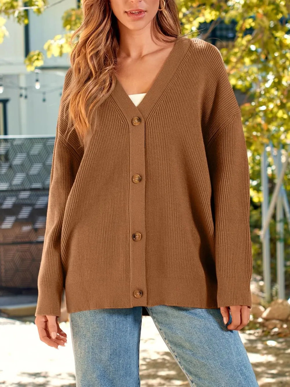 Button Down Long Sleeve Cardigan Caramel - Fashorio