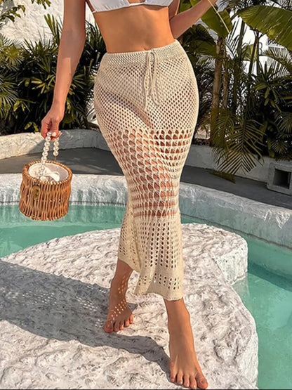 Tied Hollow Out Cover-Up Skirt Tan - Fashorio