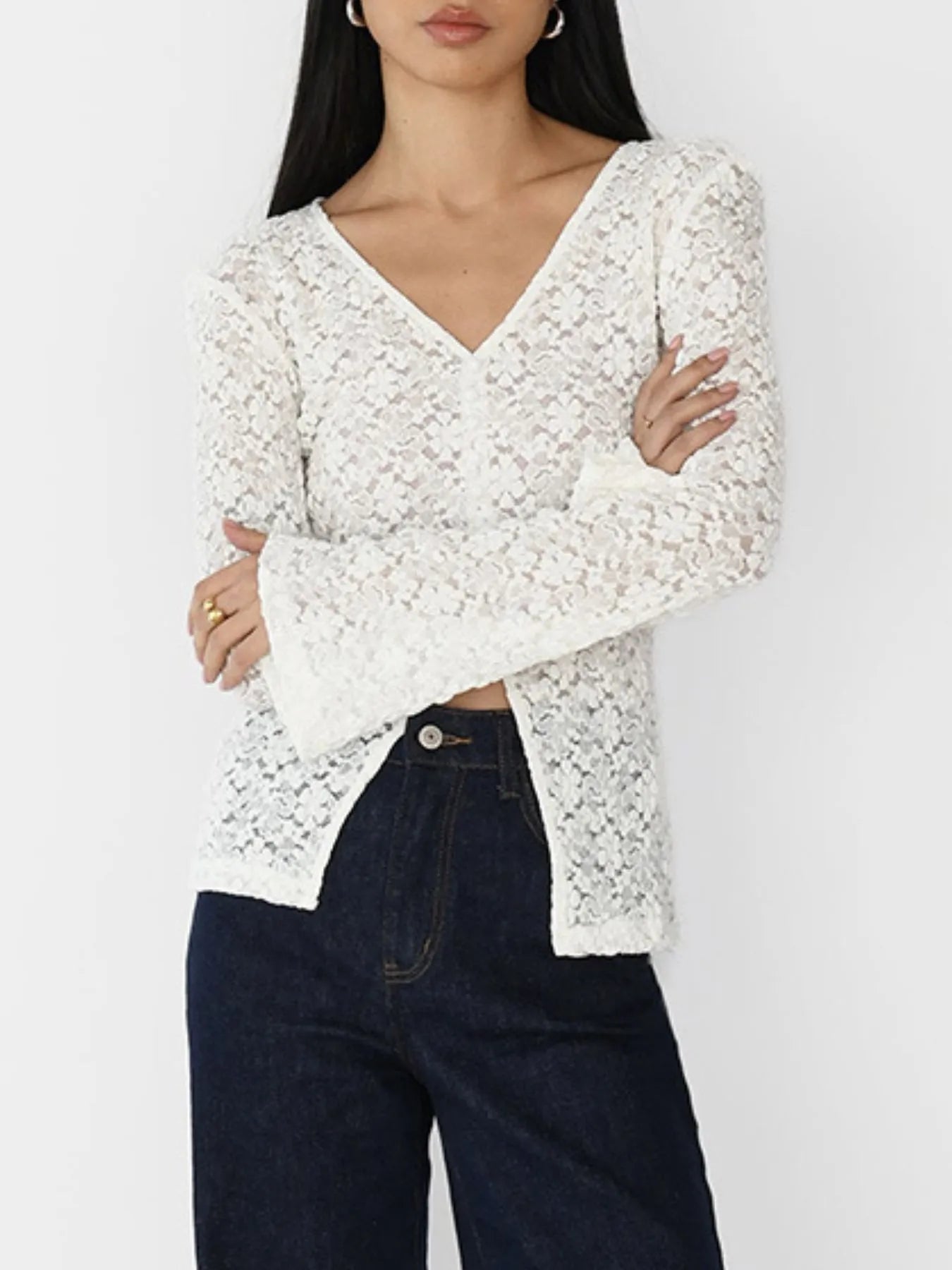 Lace V-Neck Flare Sleeve T-Shirt Ivory - Fashorio
