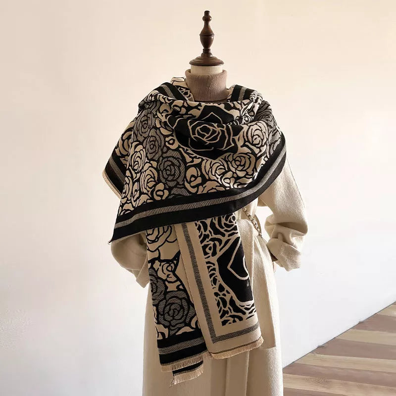 Rose pattern raw hem scarf on black ground