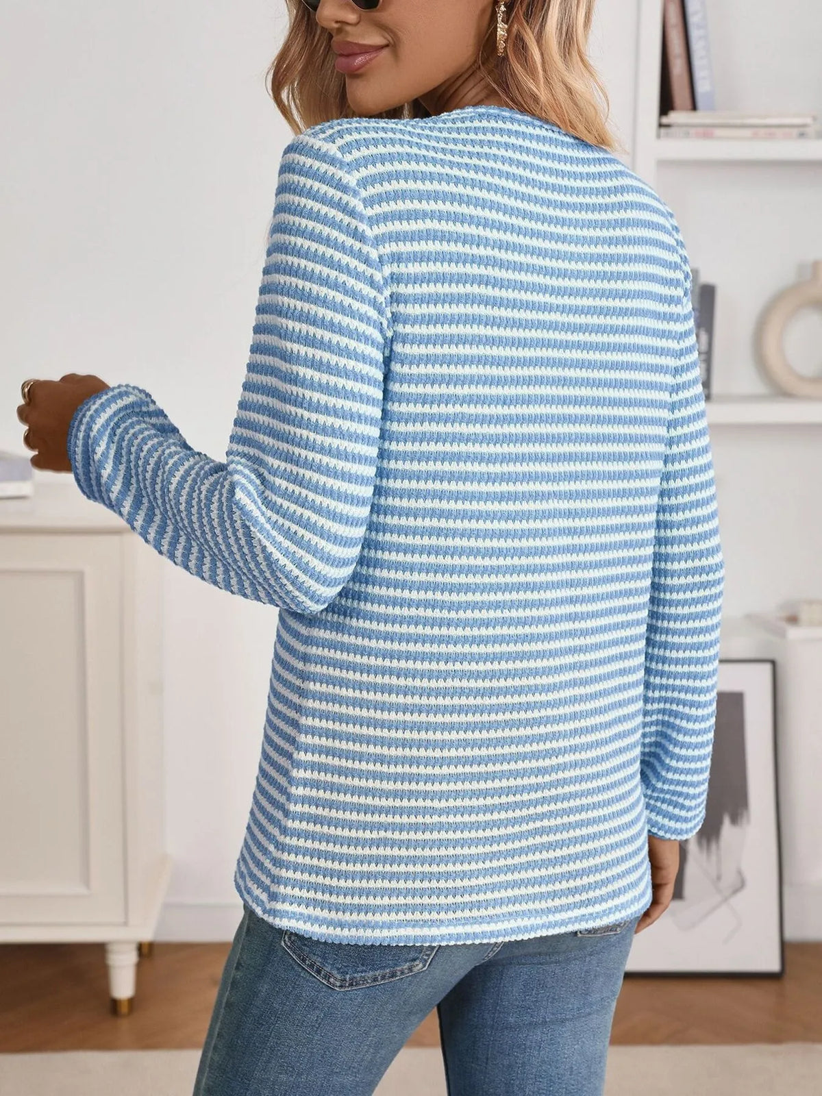 Striped long sleeve top full length view