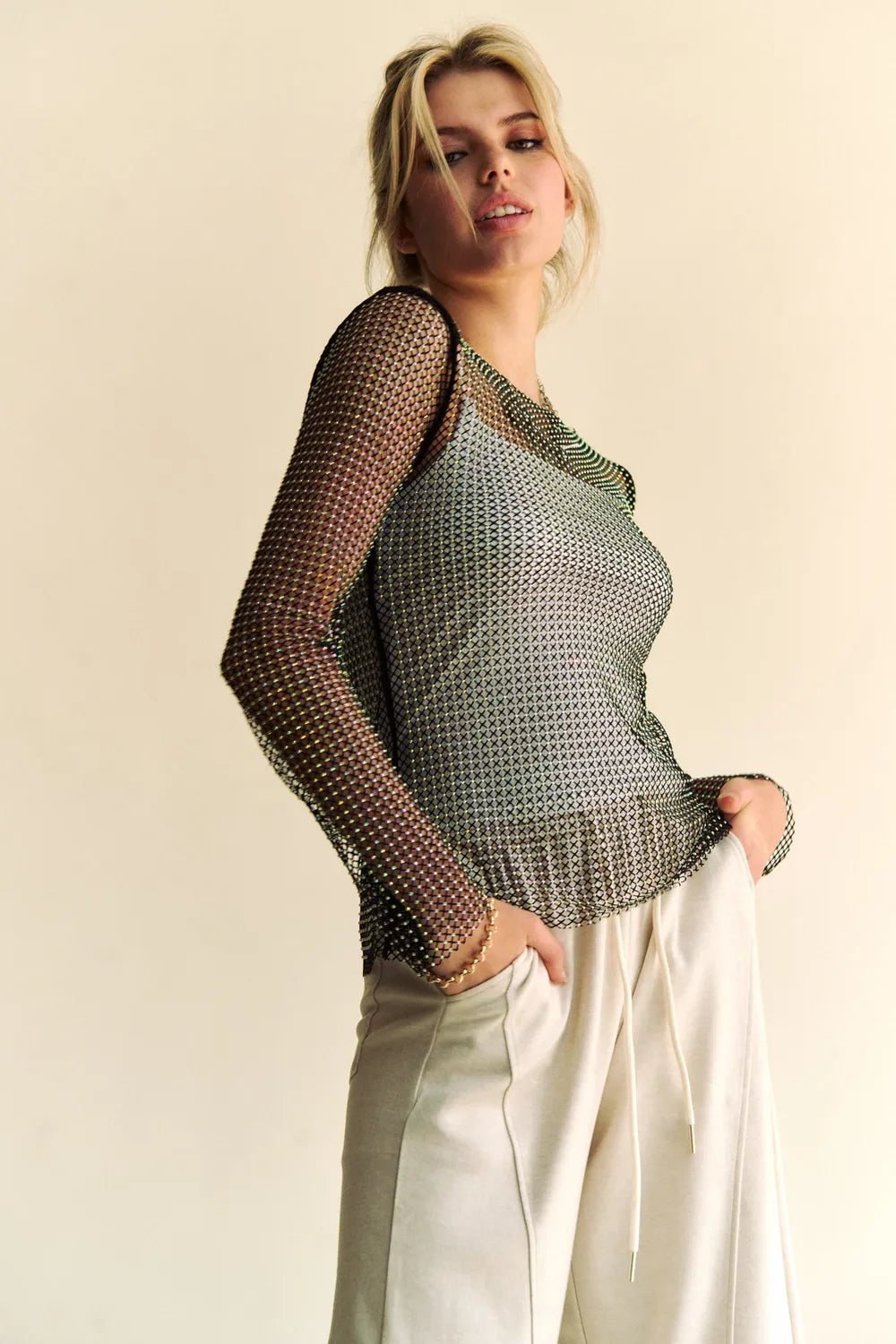 Rhinestone detail on sheer mesh top