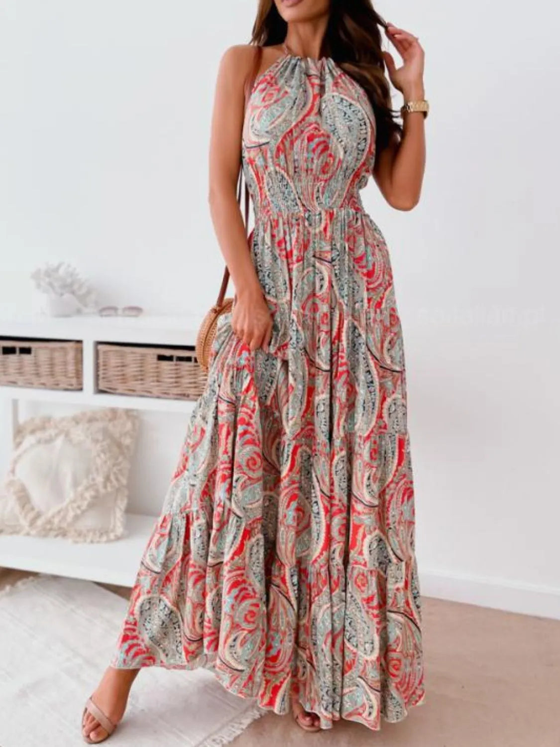 Printed halter neck backless maxi dress, back view