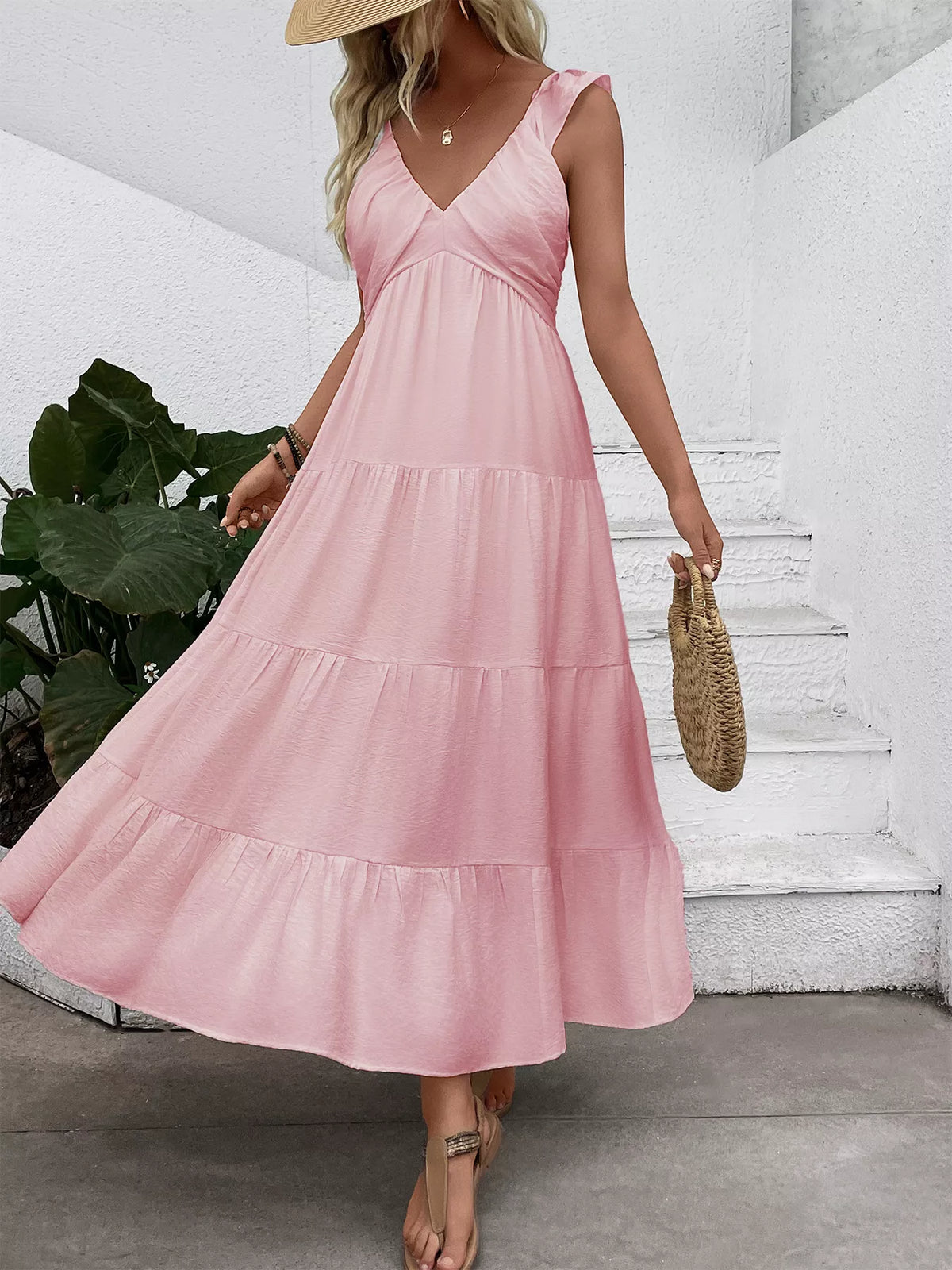 V neck tiered flutter sleeve maxi dress back view