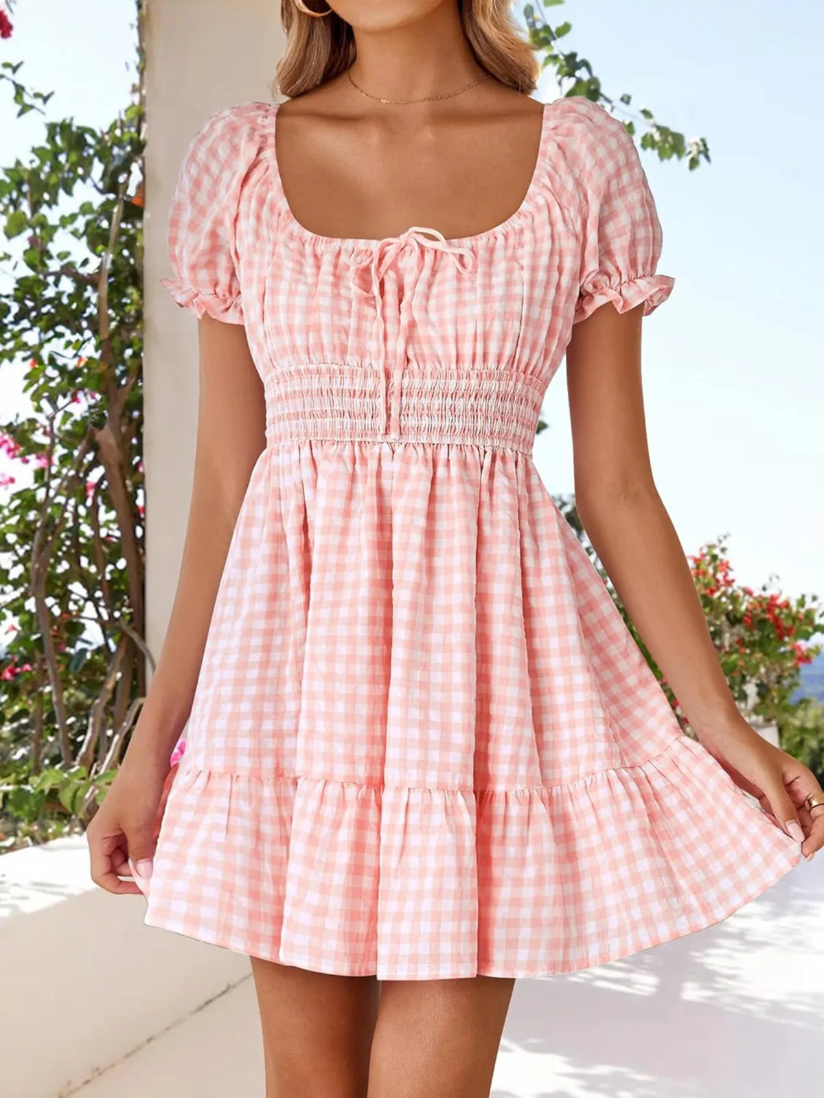 Gingham Smocked Puff Sleeve Summer Dress in Yellow view 12