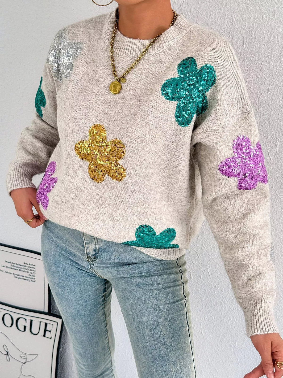 Dust Storm sequined floral sweater close up knit detail