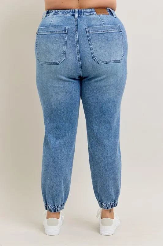 High waist denim joggers full outfit view