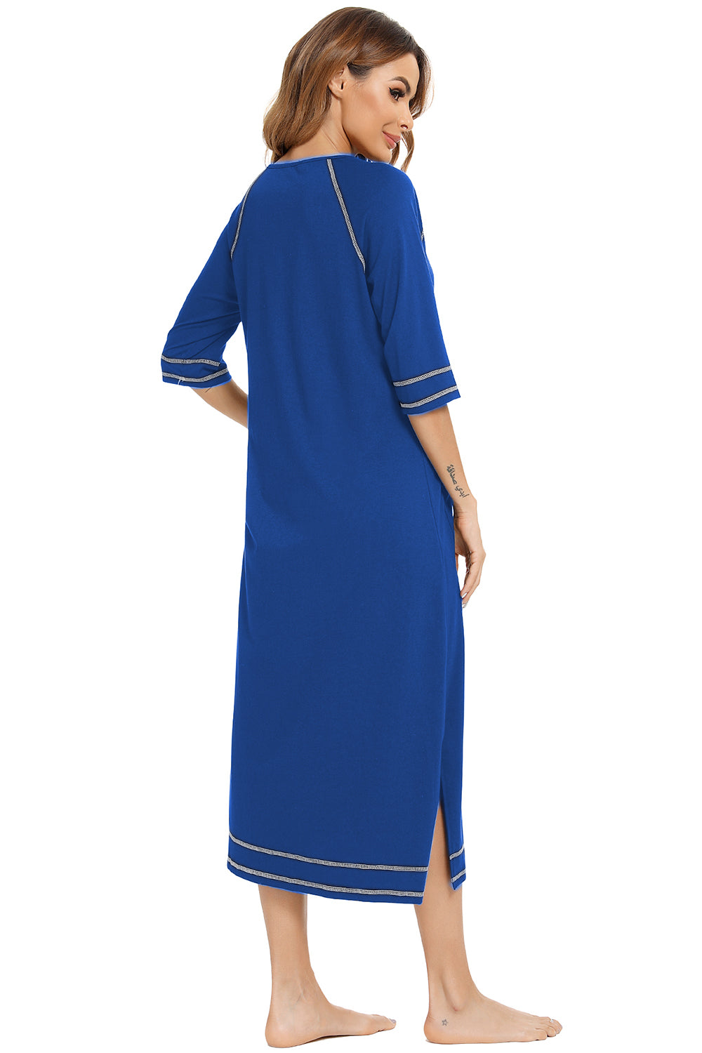 Zip Up Slit Round Neck Night Dress with Pockets - Fashorio