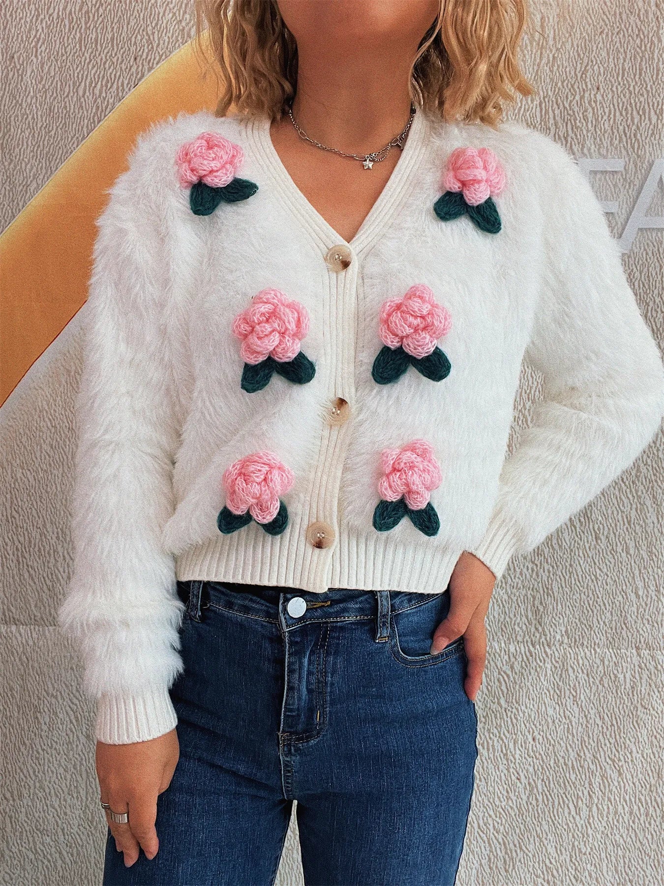 Flower Fuzzy Button-Up Cardigan - Fashorio
