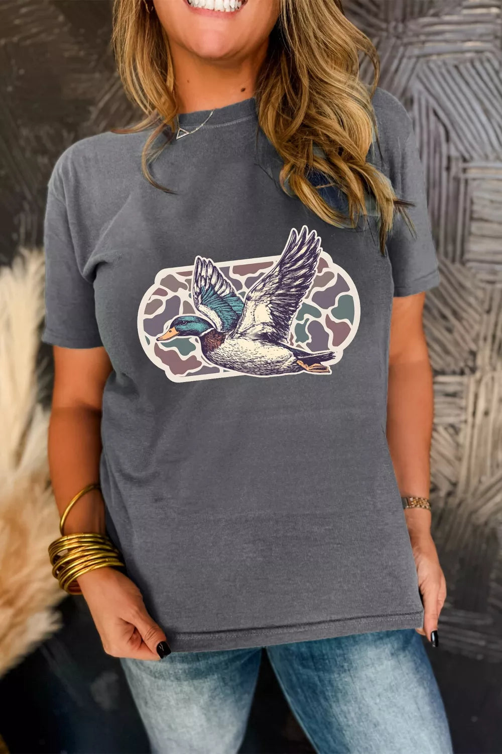 Dark gray graphic round neck short sleeve tee front view