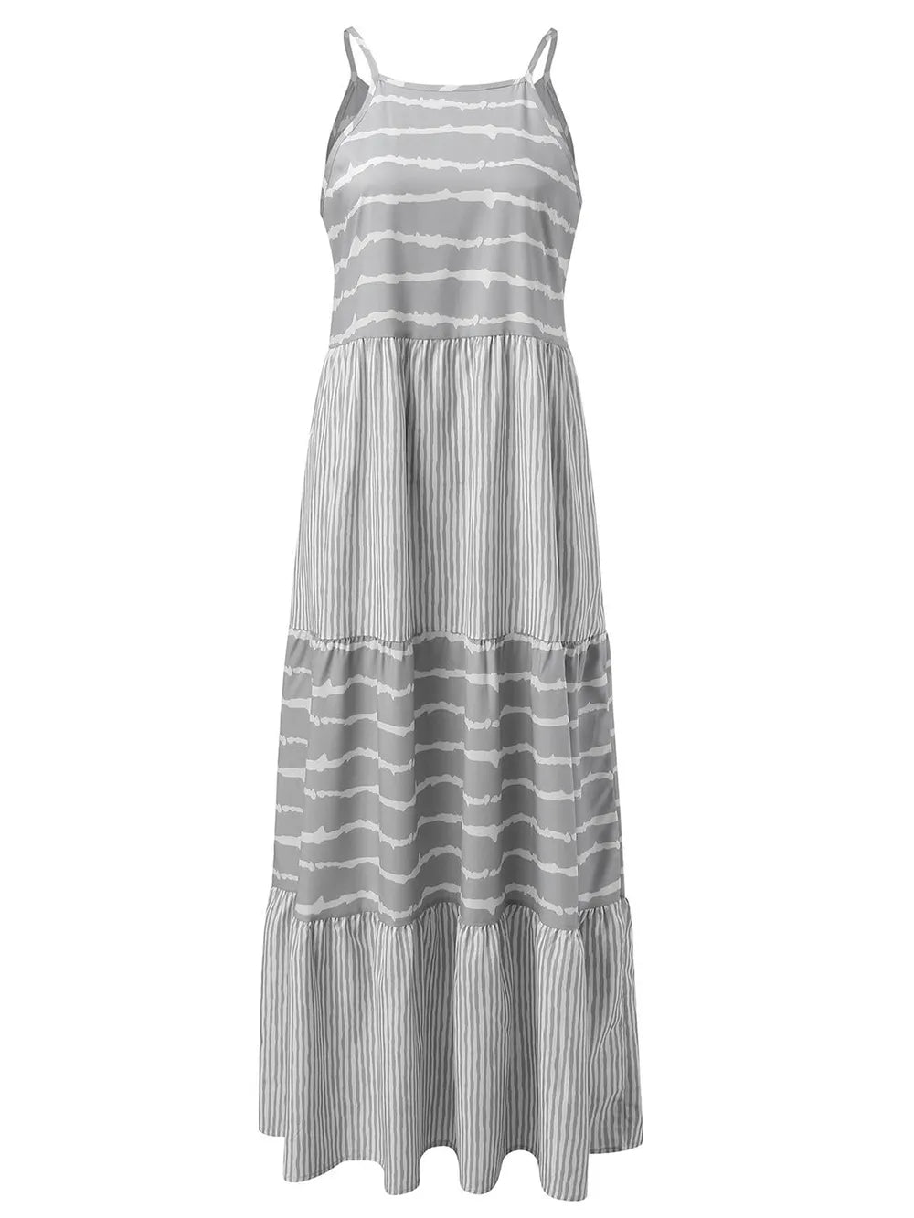 Tiered striped sleeveless cami dress in light gray side view
