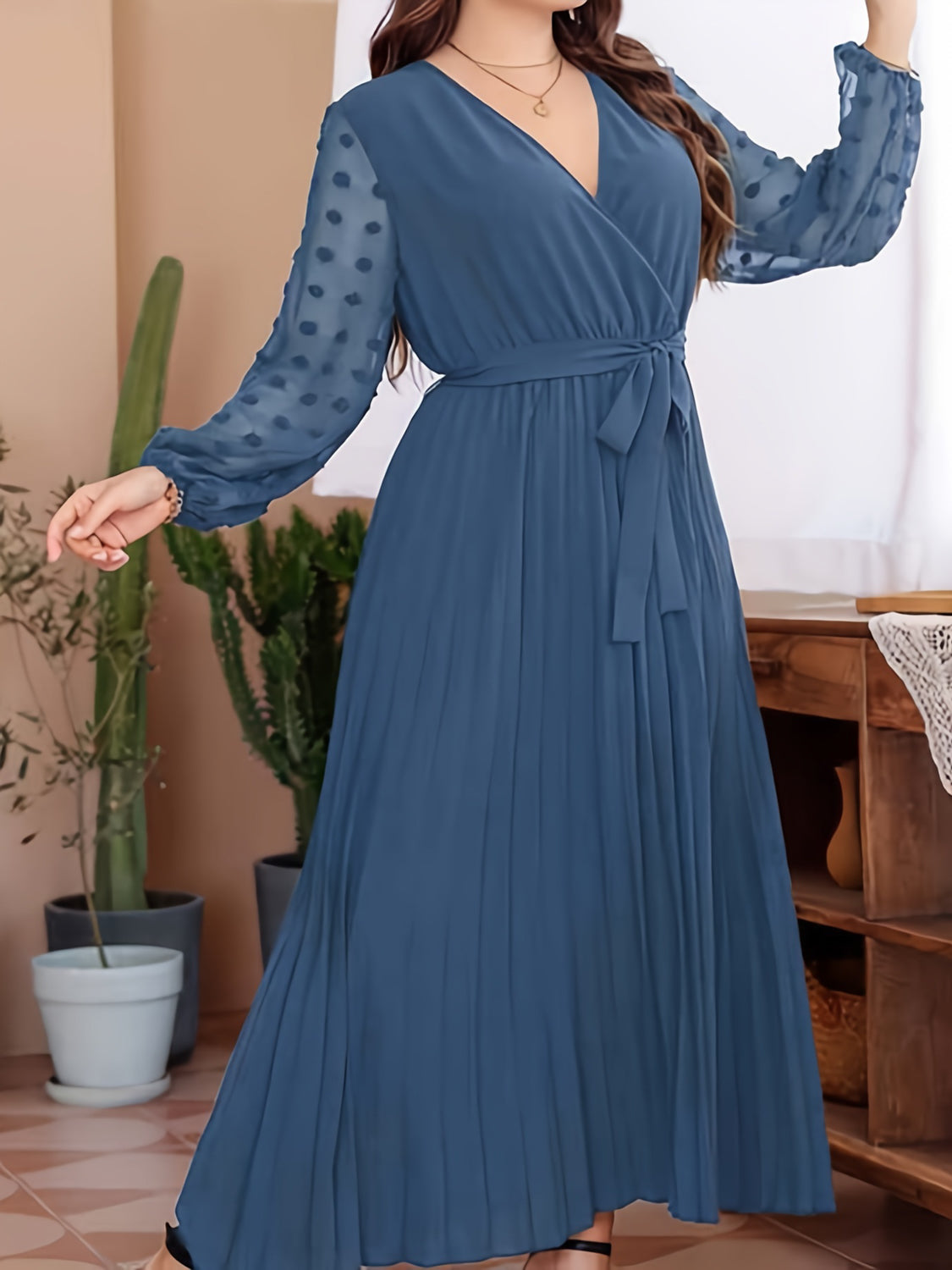 Plus Size Swiss Dot Tie Waist Maxi Dress - Fashorio