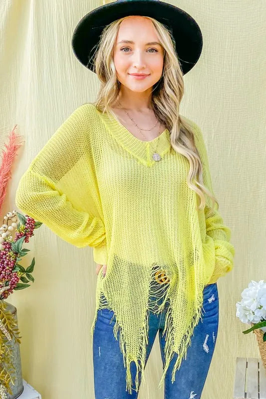 Distressed Mesh V Neck Sweater Cover Up in Yellow side view