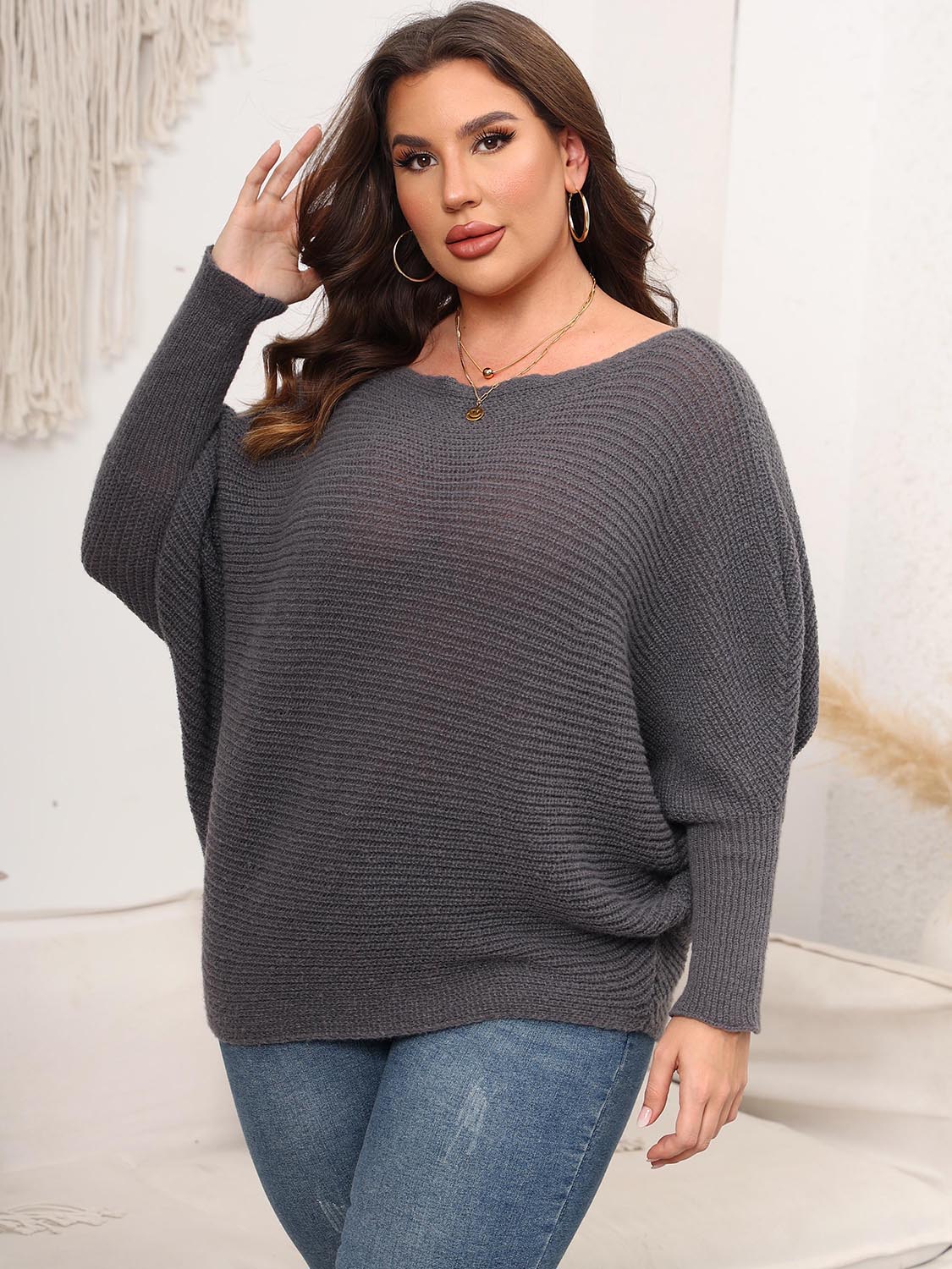 Full Size Boat Neck Batwing Sleeve Sweater - Fashorio