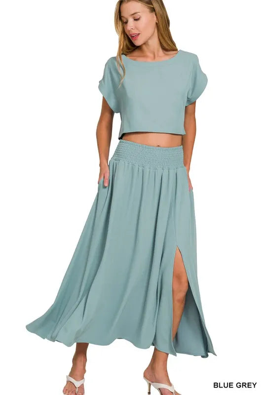Zenana Heavy Woven Span Crop Tee & Skirt Set BLUE GREY - Fashorio