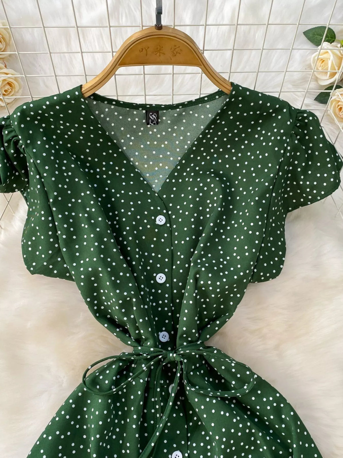 Green polka dot maxi dress belt and button detail