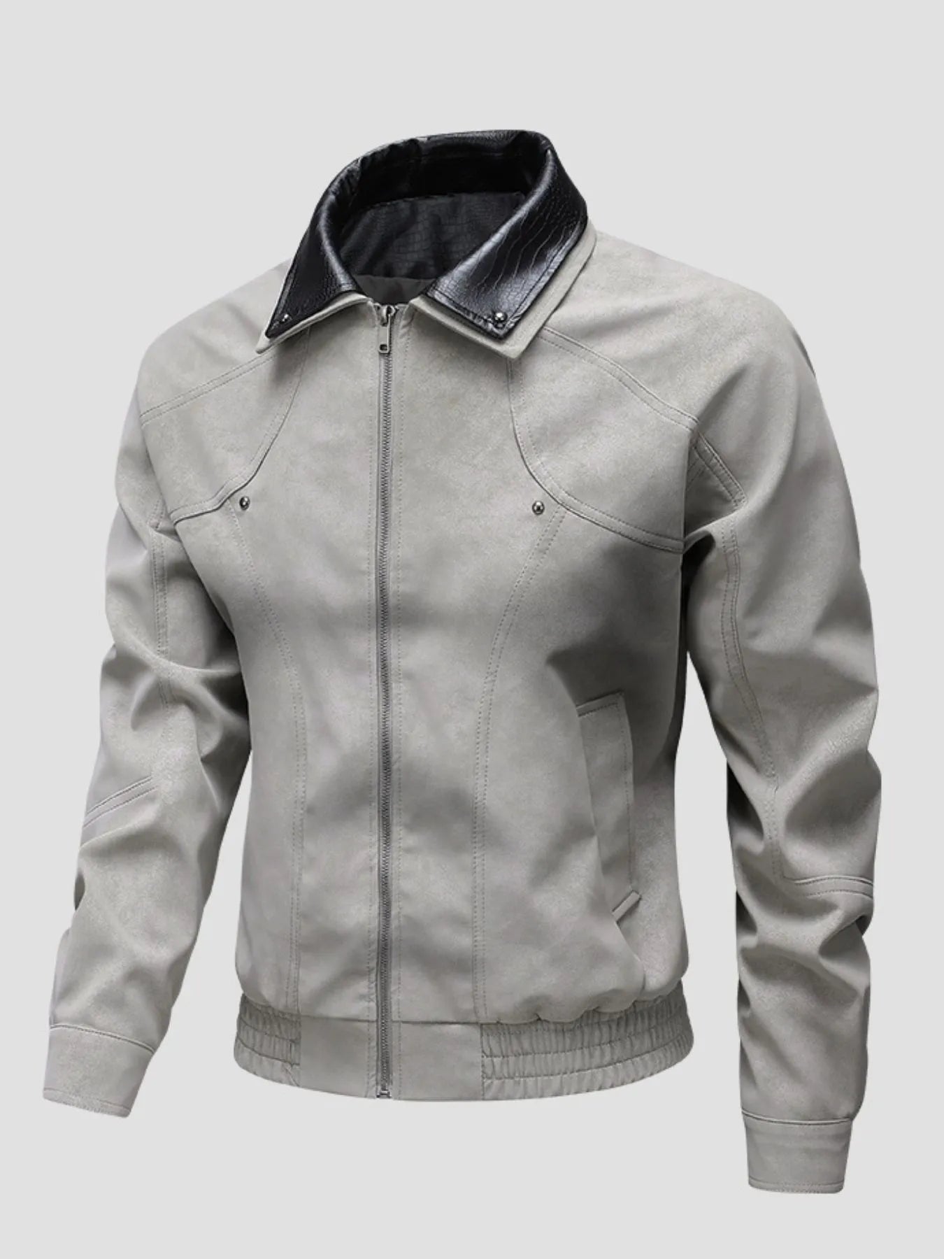 Men's Plus Size Leather Bomber Jacket with Full Zip Front Apricot - Fashorio