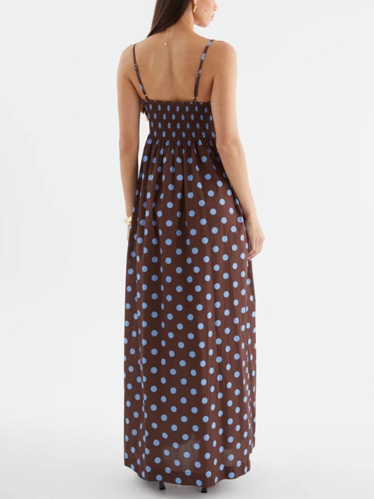 Polka dot smocked pleated maxi dress close up