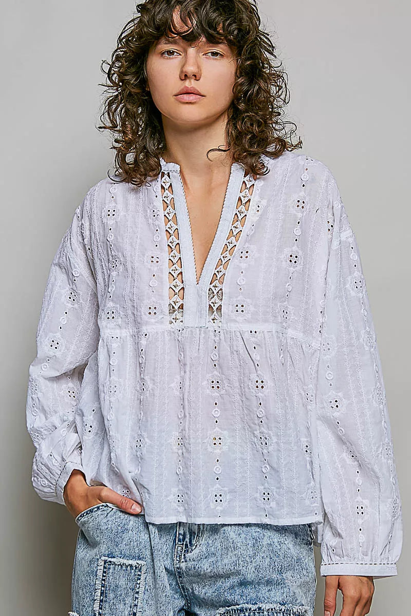 POL lace eyelet long sleeve cotton blouse in off white, front view