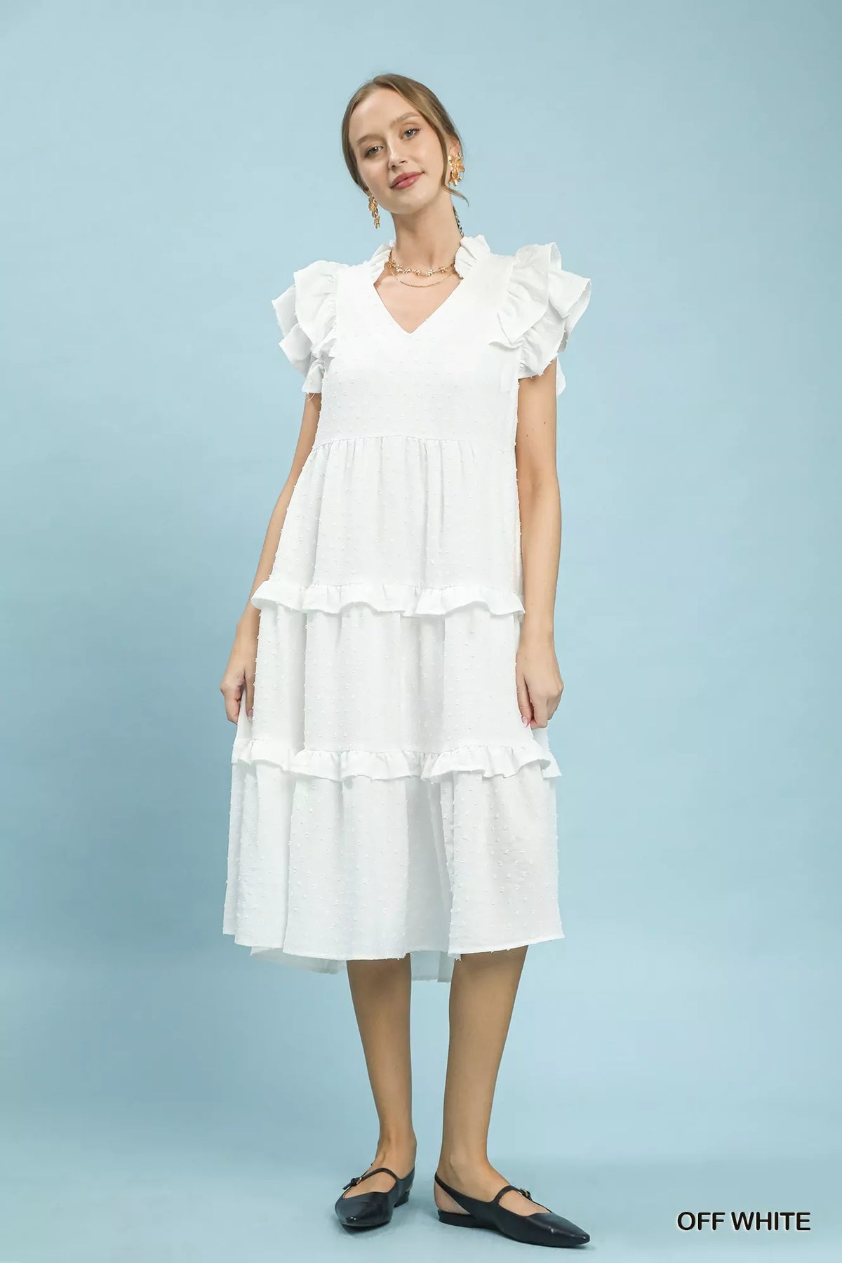 Back view of the ruffle sleeve tiered midi dress