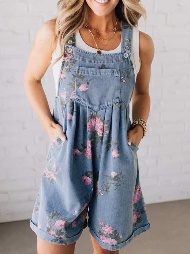 Floral print denim overalls front view