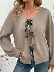 Perfee Tied Contrast Heart V-Neck Long Sleeve Cardigan Mocha - Fashorio