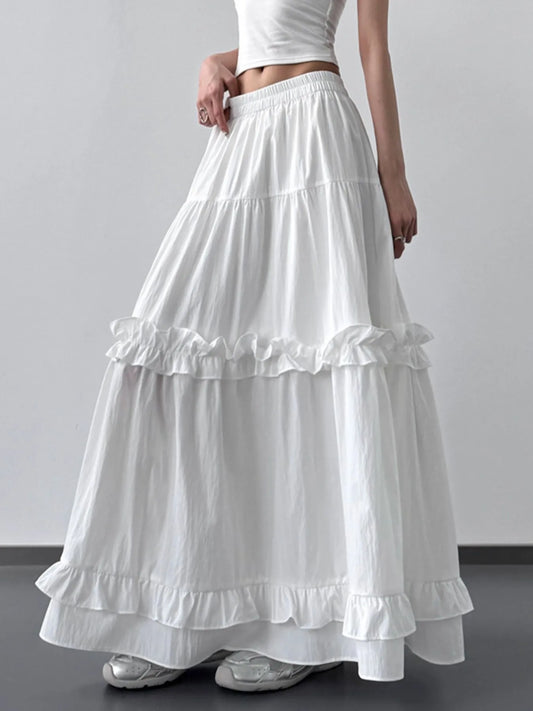 Elastic Waist Ruffle Maxi Skirt White - Fashorio