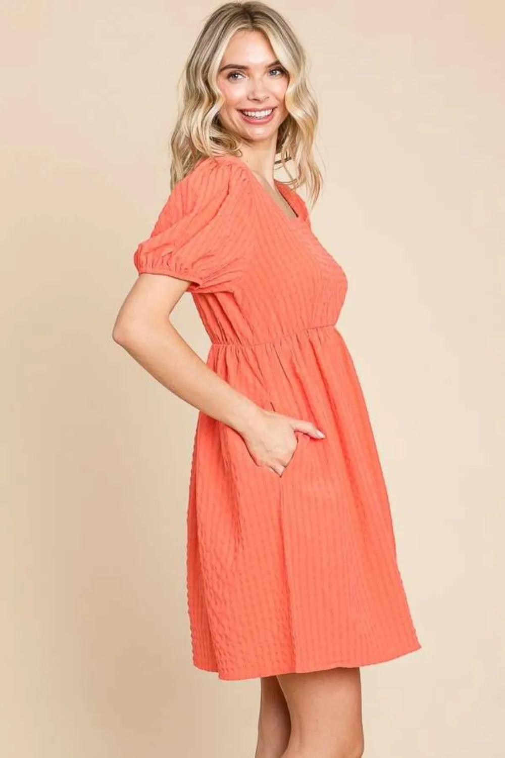 Textured Square Neck Short Sleeve Dress side view