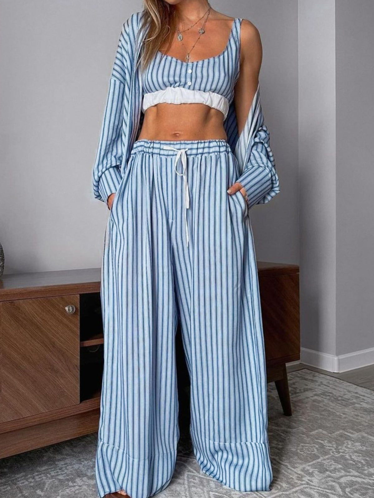 Light blue striped cami and pants coordinated set side view